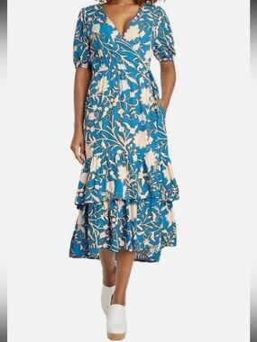 KNOX ROSE NWT Blue Floral Wrap Maxi Dress XL Tiered Summer Boho with Pockets